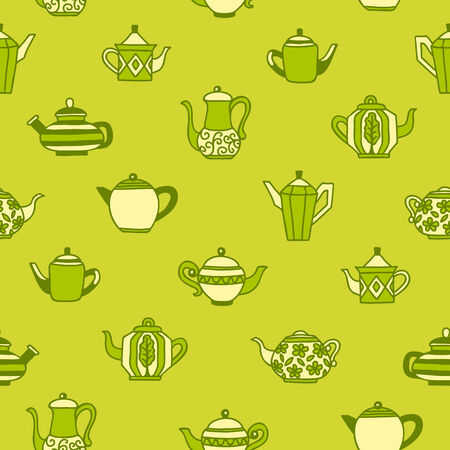 Seamless background with different teapots in green tone.のイラスト素材