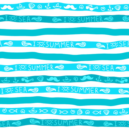 Summer seamless background. Blue strips with messages and symbols.のイラスト素材