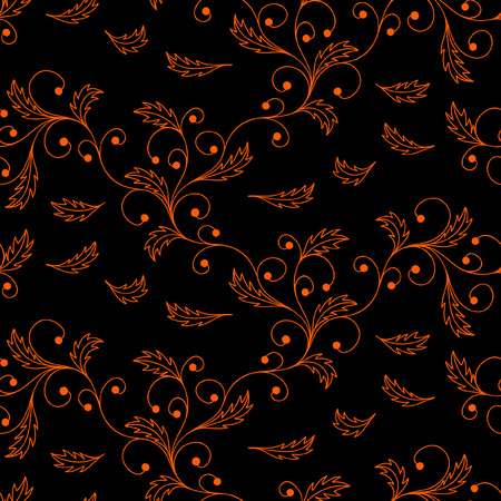 Dark floral seamless pattern. Thin orange line on black.のイラスト素材