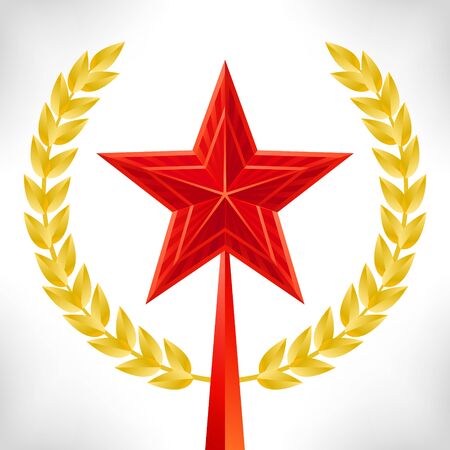 Red star and gold laurel wreath. Vector 3d illustration. Victory day card.のイラスト素材