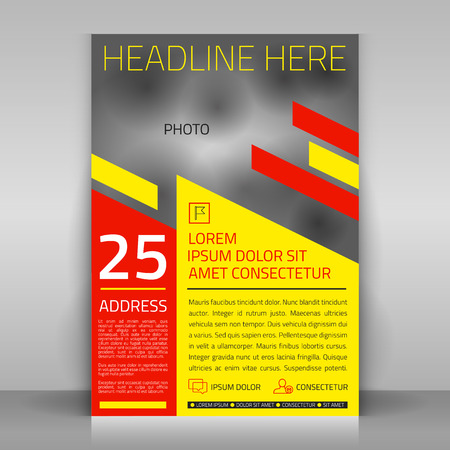 Business flyer design with yellow and red elements. Vector template with place for photo.のイラスト素材