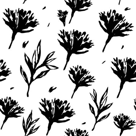 Black & white seamless pattern. Ink flowers and leaves background. (Vector)のイラスト素材