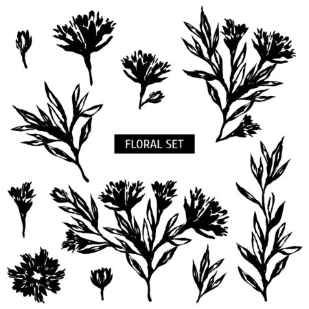 Ink flowers set. Artistic flowers isolated on white (vector). Compose your decoration.のイラスト素材