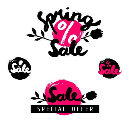 Spring sale calligraphy emblems. Calligraphy set. Sale. Special offer. Vector illustration.のイラスト素材