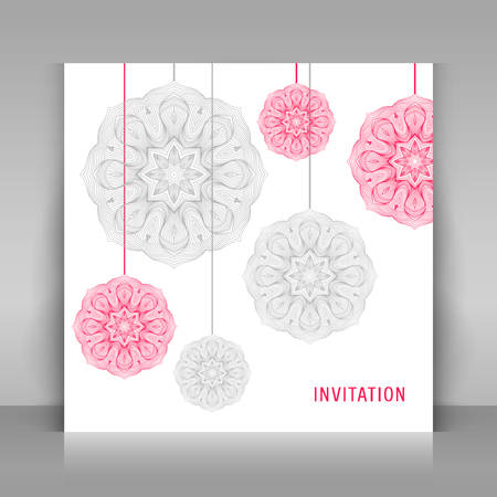 White square card on gray background. Square invitation with mandalas. Floral decoration. Vector template.のイラスト素材