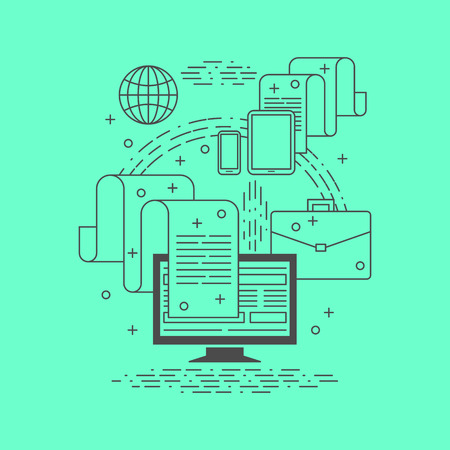 Transfer of documents via the Internet by using different devices. Business infographic. Thin line design. Vector illustration.のイラスト素材