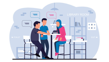 Three people studying together in the libraryのイラスト素材