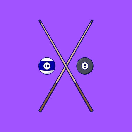 Billiard cartoon style icon illustration. Ball number 8 and number 9 with stick billiard on purple backgroundのイラスト素材