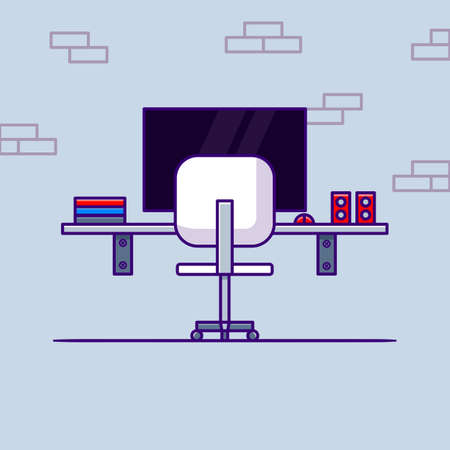 Workspace cartoon style illustration. Table, monitor, mouse, chair, book and Speaker illustrationのイラスト素材