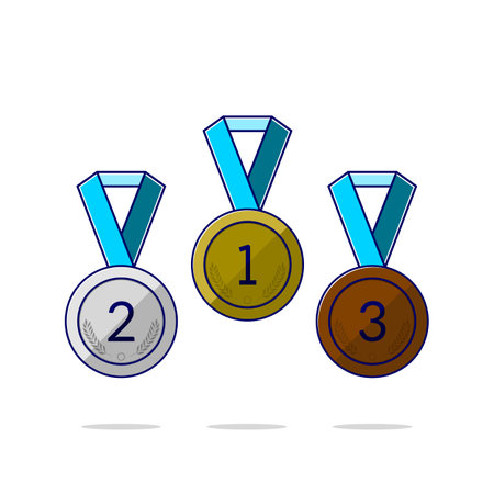 Medals cartoon style icon illustration. Floating gold, silver and bronze medals on white background.のイラスト素材