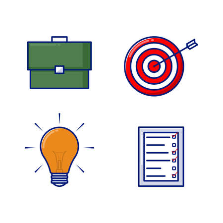 Business icon set vector illustration. Fill and outline icon, business icon with cartoon style, briefcase, target, lamp, idea and plan list.のイラスト素材