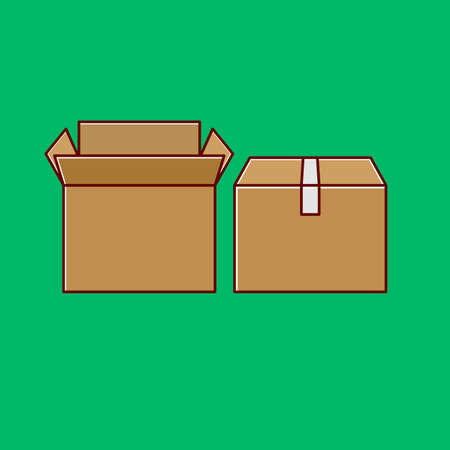 Cardboard box cartoon style icon illustration. Two boxes open and closed on green backgroundのイラスト素材