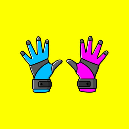 Hockey gloves cartoon style icon illustration. Blue and Pink hockey gloves on yellow background.のイラスト素材