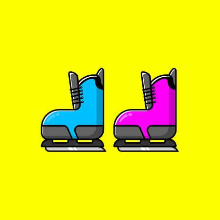 Hockey boot cartoon style icon illustration. Blue and Pink hockey boot on yellow background.のイラスト素材