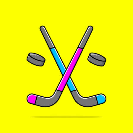 Hokey stick and hockey ball icon illustration. Floating Hokey stick and hockey ball icon on yellow background.のイラスト素材