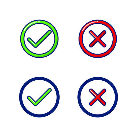Round check mark and cross symbols icon illustration. Four different icon of check mark and cross on white background.のイラスト素材
