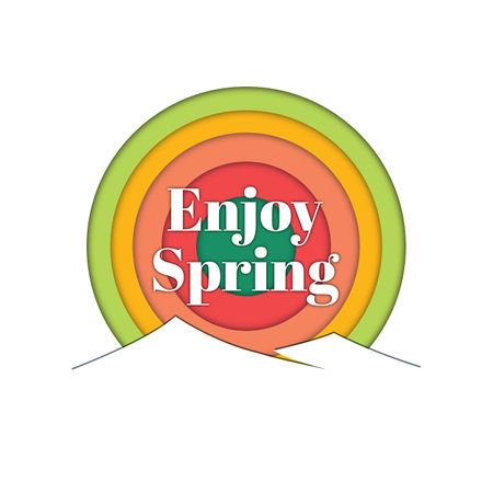 Enjoy spring background illustration. Can be used as social media post, print, baner, poster, greeting card, and others. Typography and mountain with shadow on white background.のイラスト素材