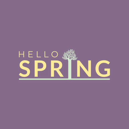 Hello spring background illustration. Can be used as social media post, print, baner, poster, greeting card, and others. Typography and tree on dark purple background.のイラスト素材