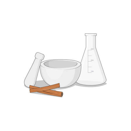 Drug processing equipment and materials illustration. Glass, grinder, and cinnamon. Medical concept isolated vector.のイラスト素材