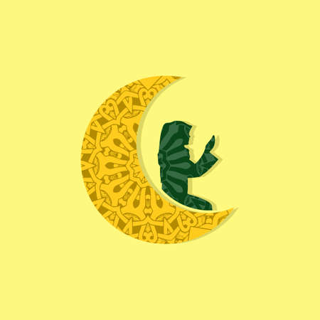 illustration of moon and woman praying. Religion concept isolated vector. Ramadan concept.のイラスト素材