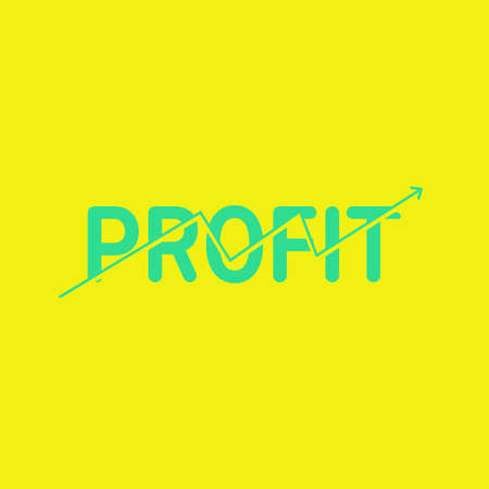 Profit title text. Green font color with graph up on yellow background. Business concept.のイラスト素材