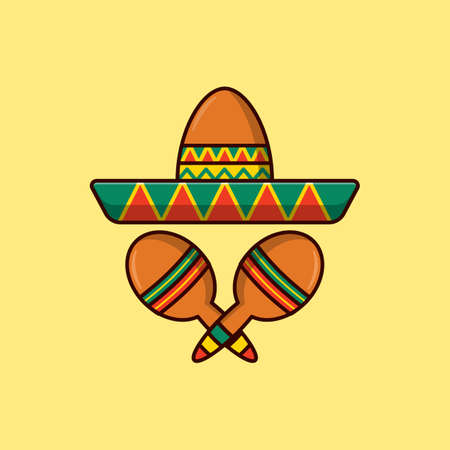 Hat and maraca cartoon style illustration. Object icon concept isolated vector. Cinco de mayo concept.のイラスト素材