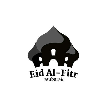 Eid al-fitr mubarak title text. Black font color and mosque silhouette on white background. Religion conceptのイラスト素材