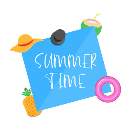Blue summer card. Summer poster with coconut, hat, pineapple, float tire and hand written text. Poster card vector illustration.のイラスト素材