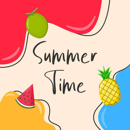 colorful summer card. Summer poster with coconut, watermelon, pineapple and hand written text....