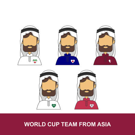 Cartoon arabian avatar or character of soccer team from asia. Arabian outfit, jersey, flag, iran, japan, qatar, saudi arabia, south korea. Football tournaments and championships concept.のイラスト素材