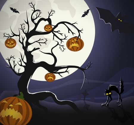 Tree with pumpkinheads and black cat on the graveyard, under Halloweens moonlight.のイラスト素材