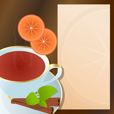 Hot cup of tea, with cinnamon, orange,green leaves and notepad for descriptions beside it  Cup of tea with cinnamon flavor  のイラスト素材