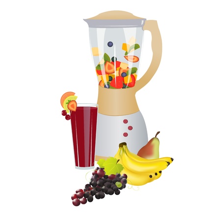 Mixer with fresh slices fruits inside,colorful composition of fruits in front and fresh made juice decorated with fruits,on white background  Fruit fusion  のイラスト素材