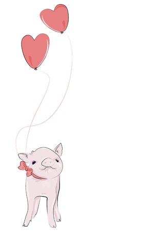 Adorable little pet piggy, with heart balloons floating above it, isolated on white  のイラスト素材
