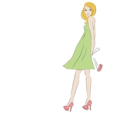 Beautiful blonde young woman with purse, isolated on white and space for text  のイラスト素材