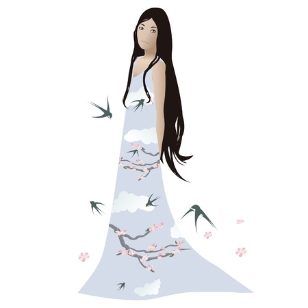 Female figure in lovely dress, with spring birds and flowers  のイラスト素材