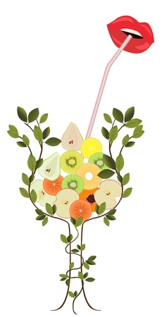 Tree forming the shape of glass, full of sliced colorful fruitsのイラスト素材