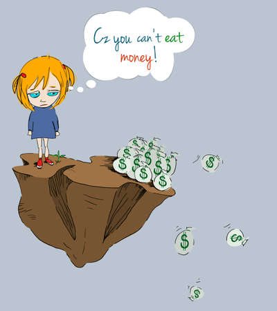 Cz you cant eat money/Little girl questioning the value of money on deserted islandの写真素材
