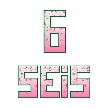 Seis six  Fun colorful numbers with their naming in Spanish, isolated on white