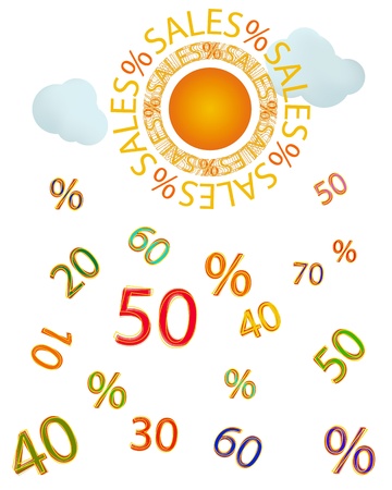 Sales/Sun with sale text for sun rays,some light clouds that raining numbers.のイラスト素材