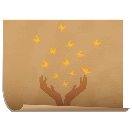Hands full of butterflies/Old paper icon with hands releasing butterflies のイラスト素材