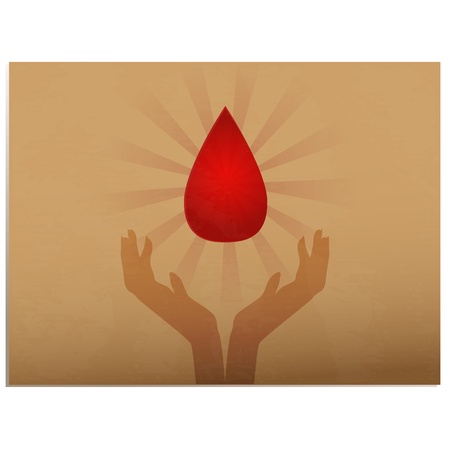 Blood donation/Old paper icon with hands holding drop of blood, with burst behind it のイラスト素材