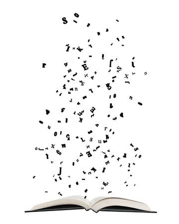 Opened book with letters bursting isolated on whiteの写真素材