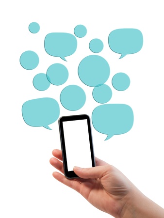 Online empty business template   Hand holding phone mobile, empty bubbles buttons floating above for icons or text の写真素材