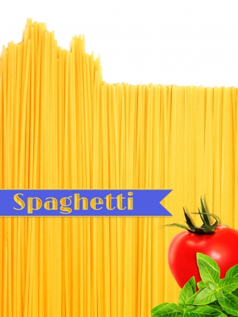 Abstract view of bunch of Italian spaghetti making a background with ribbon for text on topの写真素材