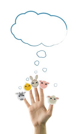 Adorable domestic animals stickers on hand, isolated on whiteの写真素材