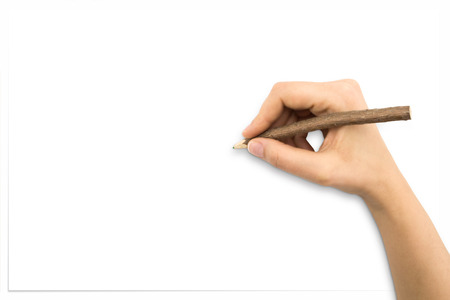 Hand with tree trunk pencil drawing and white sheetの写真素材
