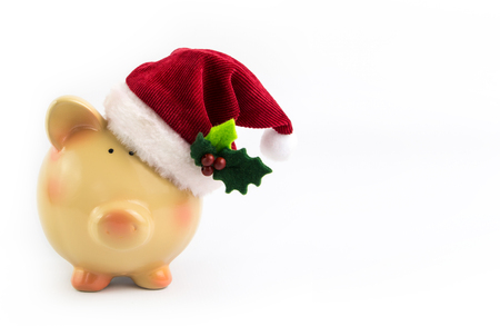 Piggy bank Santa isolated on white backgroundの写真素材