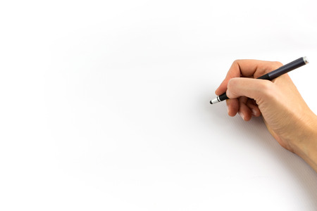Hand holding digital stylus isolated on white backgroundの写真素材