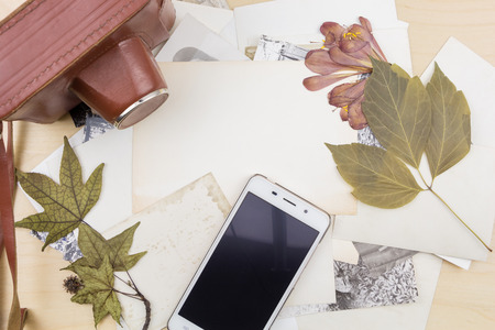 Old camera and smartphone on stack of photos with dry plants, on wooden surface.の写真素材
